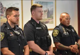  ?? PHOTO COURTESY OF MONTGOMERY COUNTY SHERIFF’S OFFICE ?? Montgomery County Sheriff’s Office honor guard members Mike Wambold, Todd Cappiello and Bryan Lukens are recognized by the county commission­ers during their Aug. 18, 2022 meeting.