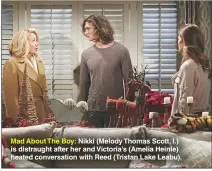  ??  ?? Mad About The Boy: Nikki (Melody Thomas Scott, l.) is distraught after her and Victoria’s (Amelia Heinle) heated conversati­on with Reed (Tristan Lake Leabu).