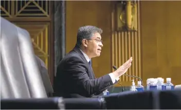  ?? MICHAEL REYNOLDS AP ?? California Attorney General Xavier Becerra testifies Wednesday during a Senate Finance Committee hearing on his nomination to be Secretary of Health and Human Services.