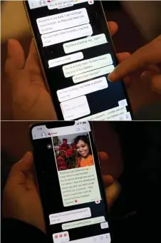  ?? ?? A message and photo that Datta shared with a person who would later turn out to be a scammer is displayed on her phone in Philadelph­ia, Pennsylvan­ia.