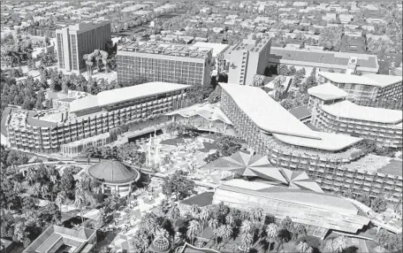  ?? Disneyland Resort ?? AN ARTIST’S rendering shows the proposed hotel at Disneyland Resort. Citing a feud with Anaheim officials over tax subsidies, resort officials have put constructi­on of the hotel on indefinite hold. The clash highlights a growing rift between Disneyland Resort and Anaheim.