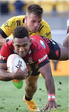  ??  ?? Reece shines... Crusaders winger Sevu Reece scored try in their 30-27 golden point win over the Hurricanes at the Sky Stadium on April 11, 2021.