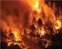  ?? Xavier Mascareñas/the Sacramento Bee ?? The Dixie fire burns near Highway 70 on July 21, 2021, in the Feather River canyon in Plumas County.