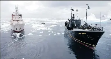  ?? — GETTY FILES ?? The R/V Farley Mowat — beside the Japanese whaling ship Kaiko Maru, left, in Antarctic waters — sank in the Shelburne, N.S., harbour Wednesday.