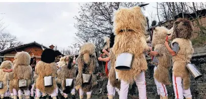  ??  ?? Verkleidet als Kühe oder Stiere ziehen die Bewohner des Dorfs Marcelji mit einer riesigen Kuhglocke um die Hüften von Dorf zu Dorf.