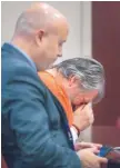  ?? EDDIE MOORE/JOURNAL ?? Gary Gregor, right, gets emotional as he sits next to his attorney, Jason Bowles, during a court hearing in Santa Fe on Monday.