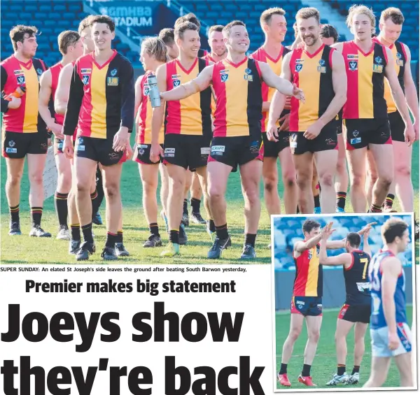 ?? Pictures: MARK WILSON ?? SUPER SUNDAY: An elated St Joseph's side leaves the ground after beating South Barwon yesterday, Joeys Cameron Tudor and Alex Hickey celebrate a goal.