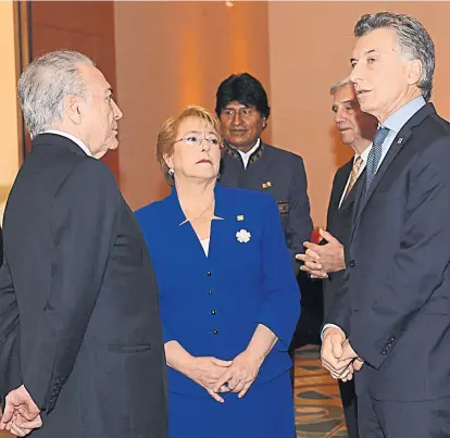  ?? (DYN) ?? Presidente­s. Temer, Bachelet y Macri, en primer plano; Evo Morales y Tabaré Vázquez, atrás.