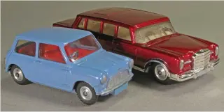  ??  ?? ▲ The Mini and Mercedes Pullman look just as bad as the Fiat and the Cadillac, even though closer in scales at 1/43 and 1/52. It has to be asked, was the variety of scales taken too far, even in the unreal world of early 1960s toys?