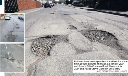  ??  ?? Potholes have been a problem in Kirklees for some time as thes pictures of Intake, Golcar last year and (insets) Stile Common Road, Newsome in
2014 and Hallas Grove, Dalton in 2016 show
ANDY CATCHPOOL/JULIAN HUGHES