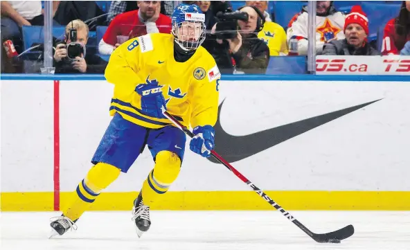  ?? — THE CANADIAN PRESS FILES ?? Swedish defenceman Rasmus Dahlin is the odds-on favourite to go as the No. 1 pick in the NHL draft this June. With Sunday’s loss to the Arizona Coyotes, the Vancouver Canucks pulled a bit closer to dead last, which helps their chances in the draft.