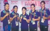  ?? PTI ?? The five Indian girls who have reached the finals at the AIBA Women’s Youth World Championsh­ips, on Saturday.