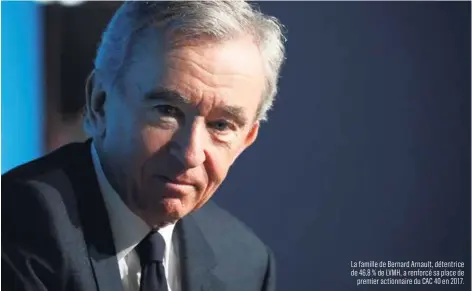  ??  ?? La famille de Bernard Arnault, détentrice de 46,8 % de LVMH, a renforcé sa place de premier actionnair­e du CAC 40 en 2017.