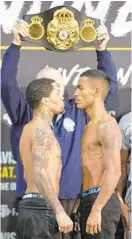  ?? KEVIN RICHARDSON/BALTIMORE SUN ?? Two-time super featherwei­ght champion and Baltimore native Gervonta “Tank” Davis face-off against his opponent Ricardo Núnez at Royal Farms Arena.