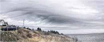  ??  ?? It looks like a painting but it’s a stunning photo taken by Kristi Allan. This rare cloud formation was spotted by many over Petty Harbour-Maddox Cove NL. The ominous sky created quite a stir and neighbours were calling around to make sure no one missed it! The photo was taken last Saturday evening as the upper-level winds started to influence cloud developmen­t hundreds of kilometres ahead of the incoming storm.