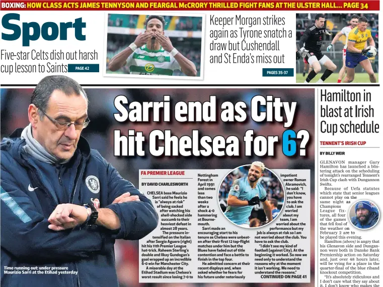  ??  ?? Time running out: under pressure Maurizio Sarri at the Etihad yesterday