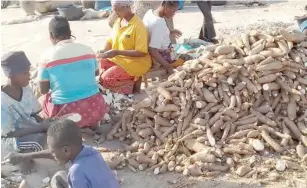  ?? ?? Women peeling cassava in the area