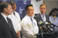  ?? Ned Gerard / Hearst Connecticu­t Media ?? Dr. Steven Choi, chief quality officer at Yale New Haven Health, speaks during a news conference at Bridgeport Hospital on Saturday.