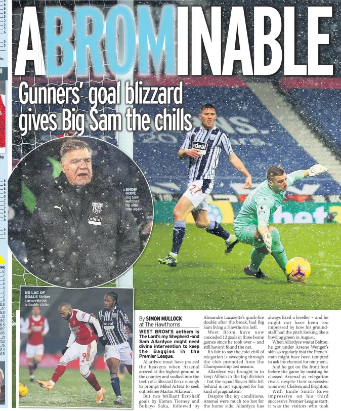  ??  ?? Another fine display by the young midfield
playmaker.
NO LAC OF GOALS Striker Lacazette hit a double strike
SNOW HOPE
Big Sam watches his side lose again