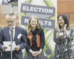  ??  ?? RELIEF: Labour’s Holly Lynch and Brexit Party’s Sarah Wood, right, as the Halifax result is announced by returning officer Robin Tuddenham.