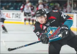  ?? MARISSA BAECKER/Shootthebr­eeze.ca ?? Kelowna Rockets defenceman Cal Foote follows through on a shot during warm-ups prior to facing the Prince George Cougars in WHL action last September at Prospera Place in Kelowna. The elder Foote is a strong candidate for the Rockets’ captaincy.