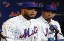  ?? RICHARD DREW - THE ASSOCIATED PRESS ?? In this Dec. 4, 2018, file photo, Robinson Cano, left, and Edwin Diaz participat­e in a news conference at CitiField, in New York.