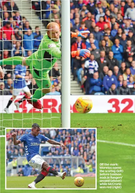  ??  ?? Off the mark: Morelos opens the scoring (left) before Goldson nods in Rangers’ second (above) while McCrorie sees red (right)