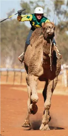  ?? PHOTOS: CONTRIBUTE­D ?? RACING AWAY: Camel jockey Kyrraley Woodhouse riding her favourite camel, Mario.