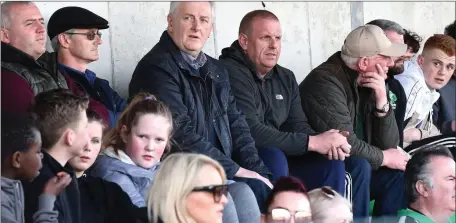  ??  ?? Supporters in the crowd at the local derby Killarney Celtic versus Killarney Athletic in the Premier A clash at Celtic Park, Killarney on Friday.Photo by Michelle Cooper Galvin