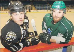  ?? JASON MALLOY/THE GUARDIAN ?? Charlottet­own Islanders forward Daniel Sprong, left, and UPEI Panthers forward Cole MacMillan will play games Saturday at the Eastlink Centre as part of the hockey day in P.E.I.