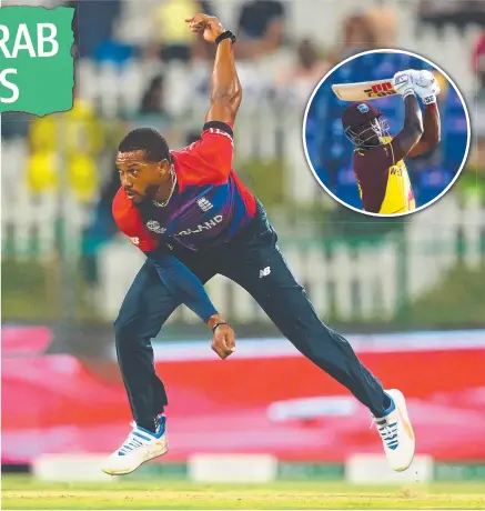  ?? Pictures: Getty Images ?? Chris Jordan and (inset) Andre Russell at the T20 World Cup in the UAE.