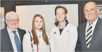  ??  ?? Pictured at the Peterborou­gh SportsAid lunch are from the left, chairman Iain Crighton, Jaden Harris, Hannah Macleod and vice-chairman Phil Elmer.