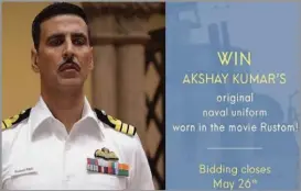  ??  ?? Twinkle Khanna's Instagram post auctioning the costume of the naval uniform from the film Rustom