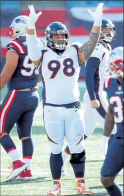  ?? MADDIE MEYER / Getty Images ?? Broncos defensive tackle Mike Purcell is out for the season after suffering a foot injury Sunday against the Chiefs.