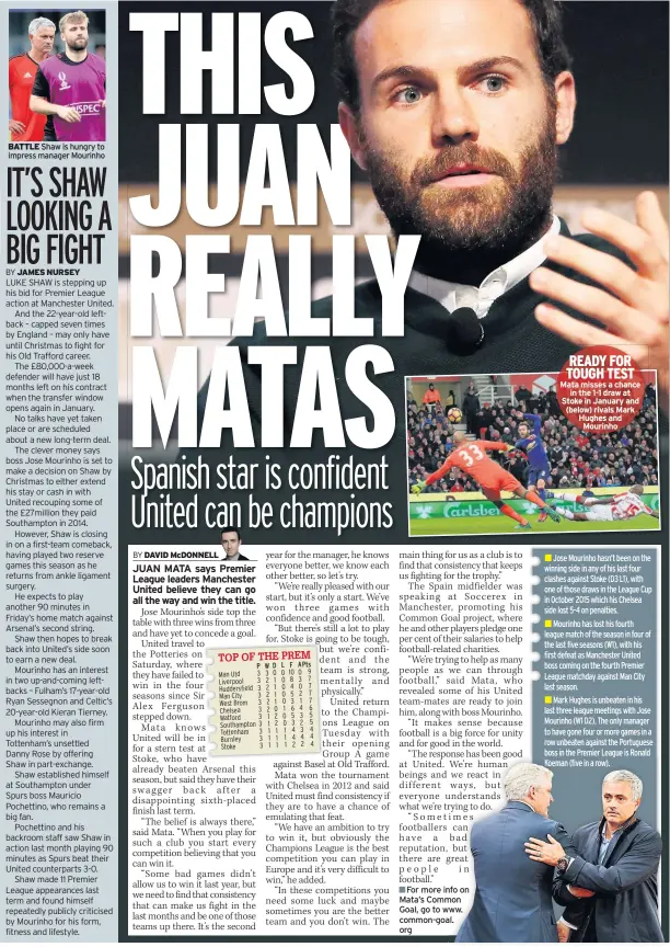  ??  ?? BATTLE Shaw is hungry to impress manager Mourinho
For more info on Mata’s Common Goal, go to www. common-goal. org READY FOR TOUGH TEST Mata misses a chance in the 1-1 draw at Stoke in January and (below) rivals Mark Hughes and Mourinho