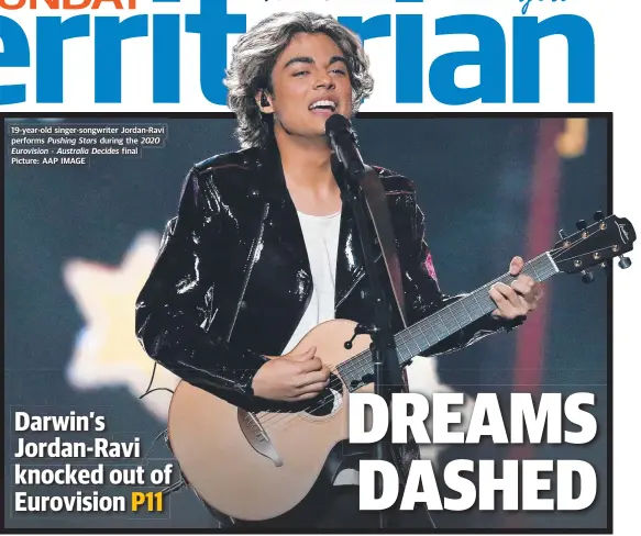  ?? Picture: AAP IMAGE ?? 19-year-old singer-gsongwrite­rg Jordan-Ravi pperforms Pushing Stars duringg the 2020
Eurovision - Australia Decides final