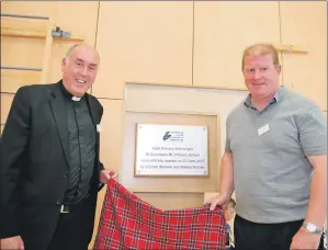  ?? Photograph: Abrightsid­e Photograph­y. F26 caol campus 01 JP ?? Bishop McGee, left, unveils the Caol and St Columba’s plaque with Duncan Shearer at the new joint campus.