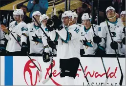  ?? JOHN LOCHER — THE ASSOCIATED PRESS ?? San Jose Sharks center Patrick Marleau motions during a ceremony to mark his passing Gordie Howe for most NHL games played on Monday in Las Vegas.