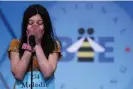  ?? Photograph: Alex Wong/Getty Images ?? Melodie Loya of Bainbridge, New York, tries to spell the word ‘madrague’ during round five of the 92nd annual Scripps National Spelling Bee in 2019.