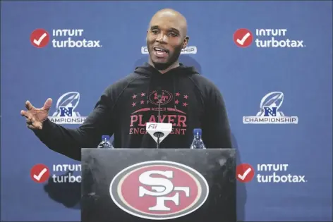 ?? AP PHOTO/JEFF CHIU ?? San Francisco 49ers defensive coordinato­r DeMeco Ryans speaks at a news conference before an NFL football practice in Santa Clara, Calif., on Jan. 26.