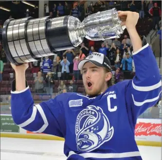  ?? TERRY WILSON, OHL IMAGES ?? Mississaug­a Steelheads captain Michael McLeod hoists the Bobby Orr Trophy after winning the Ontario Hockey League’s Eastern Conference last season. The Fish are the conference favourites again.