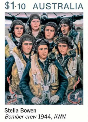  ?? NINE ?? The Anzac Day stamp based on a work by Stella Bowen shows a 1944 bomber crew, back row from left, Sergeant D. G. Champkin of the RAF, flight engineer; Pilot Officer Thomas Lynch, rear gunner; Flying Officer Hector Harrison, wireless operator; Flying Officer Ronald Neal, mid upper gunner; front row from left, Flying Officer Marmion Carroll, navigator; Squadron Leader Eric Jarman, pilot; Flying Officer Francis Jackson, bomb aimer.