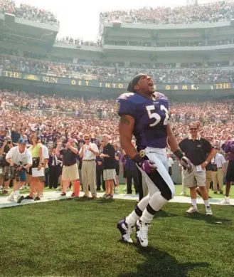  ?? FILE ?? Ravens linebacker Ray Lewis is introduced to the home crowd before a game against the Jaguars on Sept. 10, 2000.