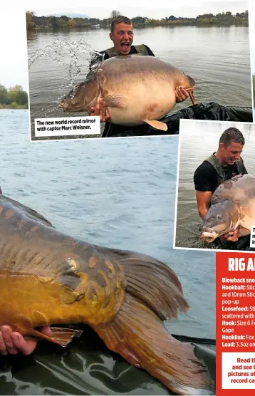  ??  ?? The new world record mirror with captor Marc Weisner. The Hungarian mirror weighed in at 108lb.