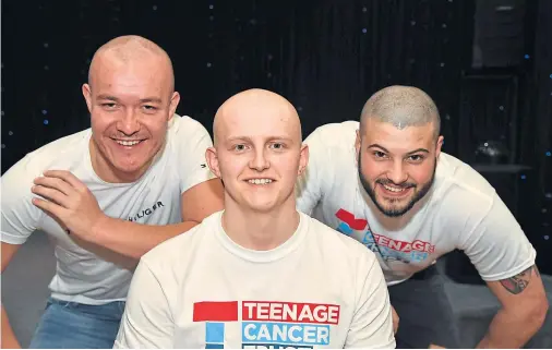  ??  ?? HAIR TODAY: Alex Charlton, centre, with fellow plucky Brave the Shave participan­ts Jack Trail, left, and Ross McKay in Banff