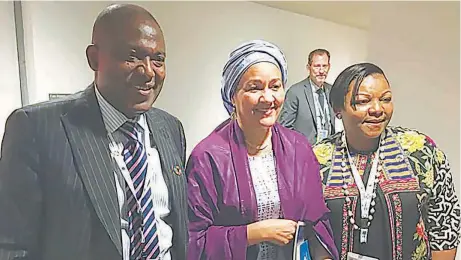  ??  ?? MD/CEO, Bank of Industry, Kayode Pitan ( left), United Nations Deputy Secretary-general, Amina Mohammed, and Managing Director, Standard Chartered Bank, Bola Adesola, at the UN Global Compact Leadership Summit 2018 in New York… yesterday.