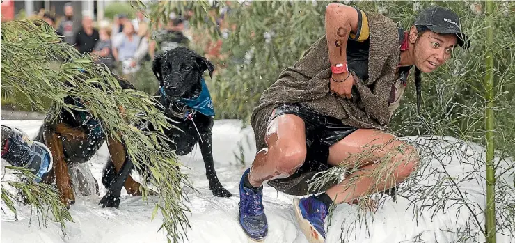  ?? PHOTO: MURRAY WILSON/STUFF ?? Georgia Green and Chalk leap out of a pool during the Huntervill­e Shepherds’ Shemozzle race.