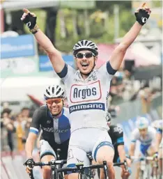  ??  ?? FIRST VICTORY: John Degenkolb celebrates as he crosses the finish line and wins the 5th stage of 96th Giro d’Italia cycling race in Matera. — AFP photo