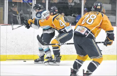  ?? TINA COMEAU ?? Matt Barron extends his reach during a Jan. 11 game versus the Edmundston Blizzard. Barron scored two goals in the last 14.8 seconds of the game to send it into overtime.