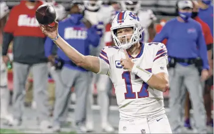  ?? Ralph Freso / Getty Images ?? Buffalo Bills quarterbac­k Josh Allen is on an upward trajectory following Monday night’s 34-24 victory over the San Francisco 49ers during which he completed 32 of 40 passes for 375 yards and four touchdowns.